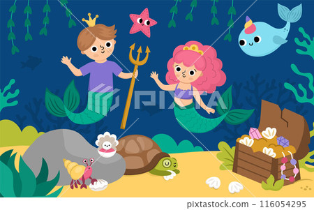 Vector landscape illustration with mermaid and boy with trident, crown. Ocean or sea kingdom scene with marine princess, prince, treasure chest. Cute horizontal fairytale background for kids Vector landscape illustration with mermaid and boy with trident, crown. Ocean or sea kingdom scene with marine princess, prince, treasure chest. Cute horizontal fairytale background for kids 116054295