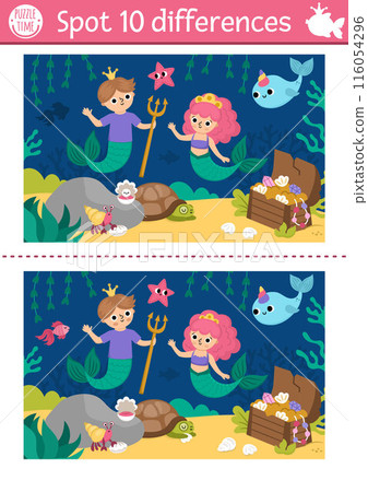 Find differences game for children. Mermaid educational activity with sea princess, merman, treasure chest. Cute puzzle for kids. Printable worksheet or page for logic and attention skills 116054296