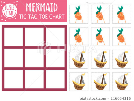 Vector mermaid tic tac toe chart with ship. Ocean kingdom board game playing field with cute characters. Funny marine fairytale printable worksheet. Noughts and crosses grid 116054316