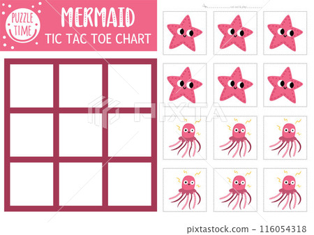 Vector mermaid tic tac toe chart with starfish and jellyfish. Ocean kingdom board game playing field with cute characters. Funny marine fairytale printable worksheet. Noughts and crosses grid Vector mermaid tic tac toe chart with starfish and jellyfish. Ocean kingdom board game playing field with cute characters. Funny marine fairytale printable worksheet. Noughts and crosses grid 116054318