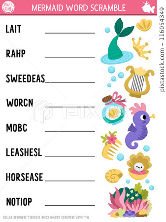 Vector mermaid word scramble activity page. English language game with sea princess tail, seahorse for kids. Ocean kingdom family quiz with vehicles. Marine educational printable worksheet 116054349