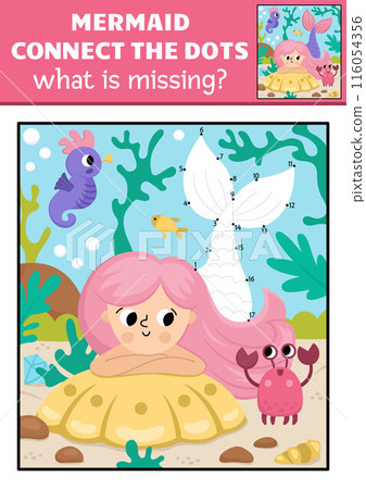 Vector mermaid dot-to-dot and color activity with sea princess, colored underwater scene. Ocean kingdom connect the dots game for children. Marine what is missing printable worksheet 116054356