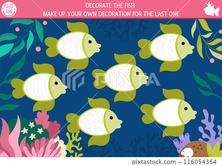 Mermaid drawing, writing, tracing, coloring activity for kids with sea animals, underwater background. Decorate the fish. Ocean kingdom preschool printable activity. Marine fairytale game, puzzle 116054364
