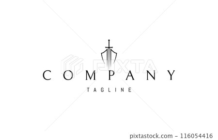 Vector logo on which an abstract image of a shield with a sword in a linear style. Vector logo on which an abstract image of a shield with a sword in a linear style. 116054416