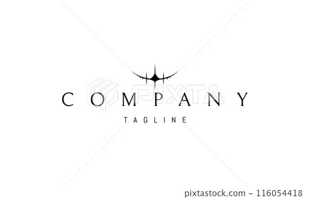 A vector logo with an abstract image of a flying airplane with three vertical rays. 116054418