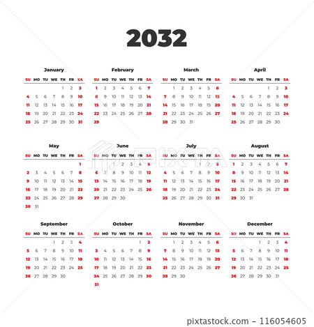 calendar for a year 2032, week starts on Sunday 116054605