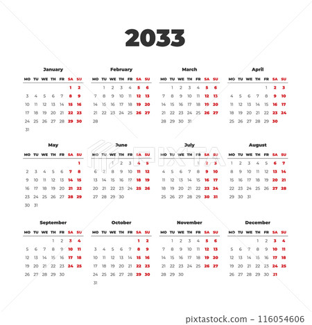 calendar for a year 2033, week starts on Monday 116054606