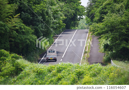 一輛輕型卡車駛過綠樹成蔭的斜坡 一輛輕型卡車駛過綠樹成蔭的斜坡 116054607