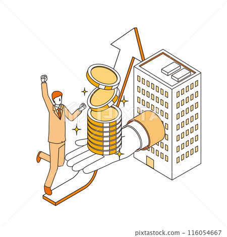 一位對薪資上漲感到滿意的男性上班族的圖像插圖 116054667