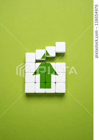 Build forward arrows. Build a vision, strategy planning. Goals and principles. Achieve a promotion or improvement. Get ready to move forward. Progress and development. 116054978