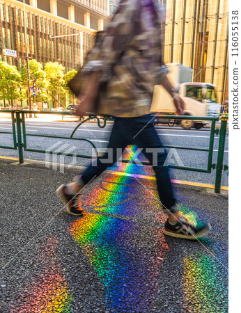 Tokyo cityscape in Japan Crossing the rainbow... Success in business... A rainbow on the sidewalk in front of the "Otemachi Station" intersection... Tokyo cityscape in Japan Crossing the rainbow... Success in business... A rainbow on the sidewalk in front of the "Otemachi Station" intersection... 116055138