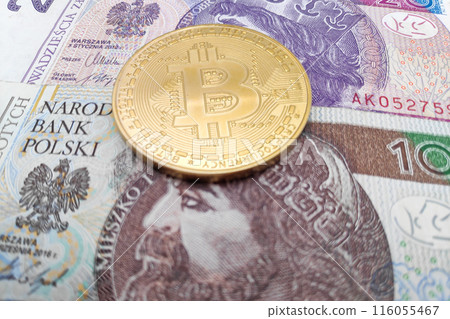 Bitcoin on a stack of Polish Zloty banknotes Bitcoin on a stack of Polish Zloty banknotes 116055467