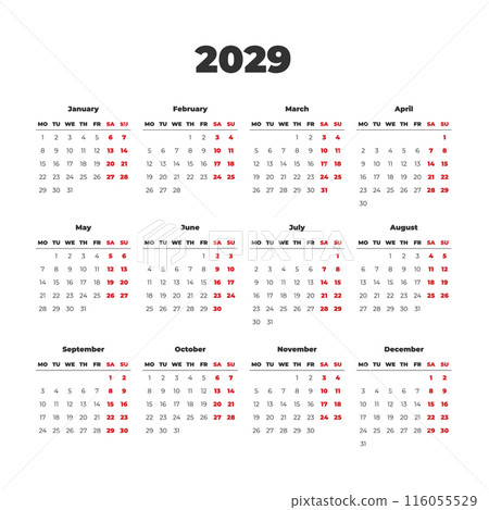 Simple vector calendar on 2029. Start from Monday Simple vector calendar on 2029. Start from Monday 116055529