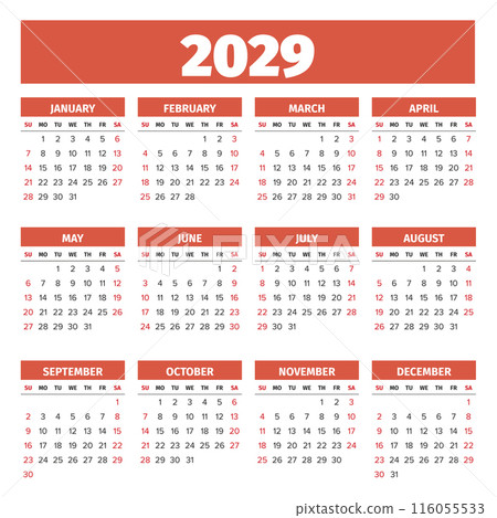 2029 Simple vector calendar. Weeks start on Sunday 2029 Simple vector calendar. Weeks start on Sunday 116055533