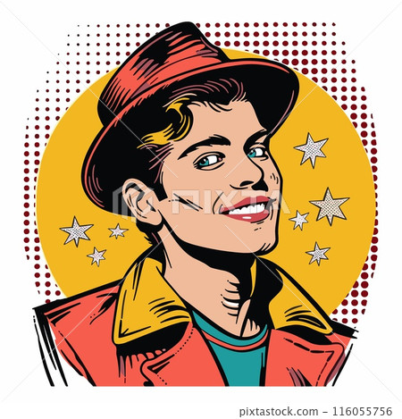 A man with a red hat and a yellow background in retro comic style. 116055756