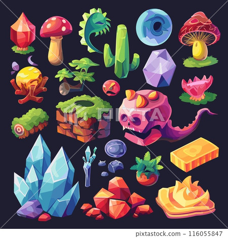 A collection of various objects, including a mushroom, a skull, and a gold bar A collection of various objects, including a mushroom, a skull, and a gold bar 116055847