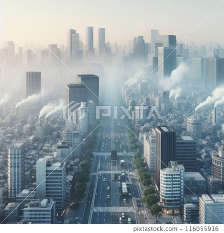 A big city with smoking chimneys. 116055916