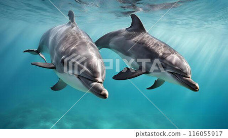 Dolphins swimming in a beautiful sea / illustration 116055917