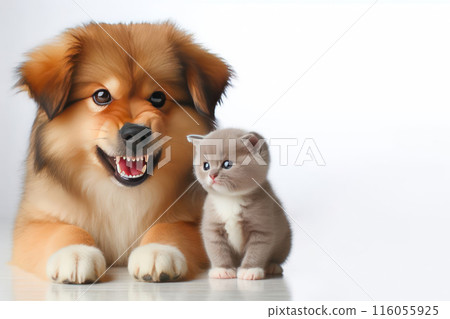 Angry dog sitting with a small kitten. Space for text. Angry dog sitting with a small kitten. Space for text. 116055925