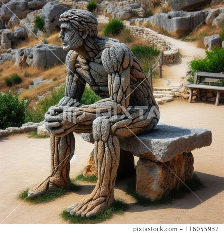 A sculpture of a sitting, thoughtful man consisting of many small stones. 116055932