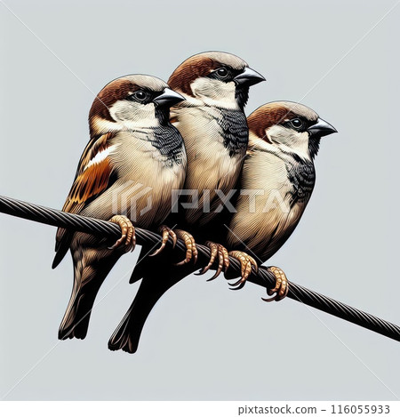 Three birds sitting on a wire. 116055933