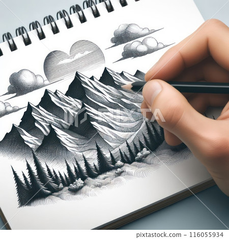Beautiful natural landscape drawn in a notebook with a pencil. 116055934