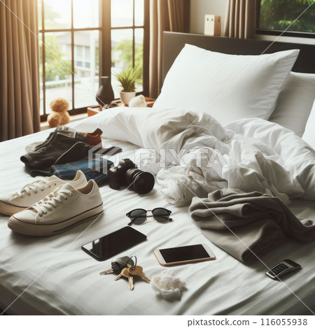 Miscellaneous things laid out on the bed in the bedroom. 116055938