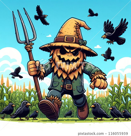 A scarecrow with a pitchfork chases away the crows. 116055939