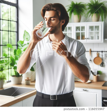 A man drinks water to quench his thirst. A man drinks water to quench his thirst. 116055947