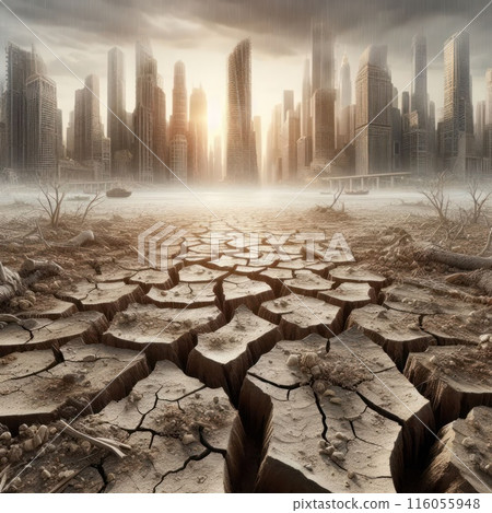 Cracked soil against the background of a large, abandoned city. Cracked soil against the background of a large, abandoned city. 116055948