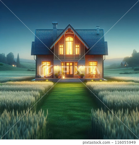 Beautiful house with glowing windows in the middle of the field. Beautiful house with glowing windows in the middle of the field. 116055949