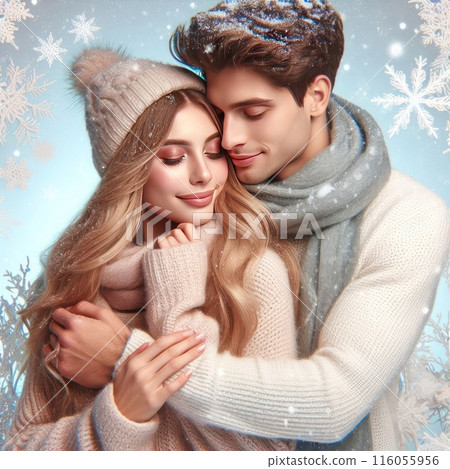 Couple hugging on the background of falling snowflakes. 116055956