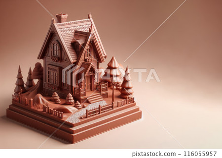 A model of a chocolate house with a plot on a clean background. Space for text. 116055957
