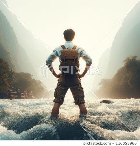 A man standing knee-deep in a flowing river. A man standing knee-deep in a flowing river. 116055966