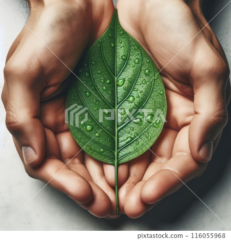 Single green leaf in hands. 116055968