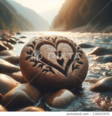 Beautiful heart cutout on a stone lying on the river bank. 116055970