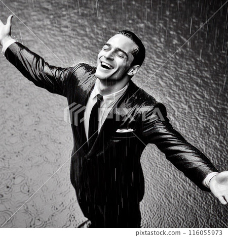 A man in a suit rejoices in the rain. A man in a suit rejoices in the rain. 116055973