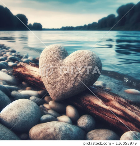 Beautiful close-up stone in the shape of a heart on the bank of the river. 116055979
