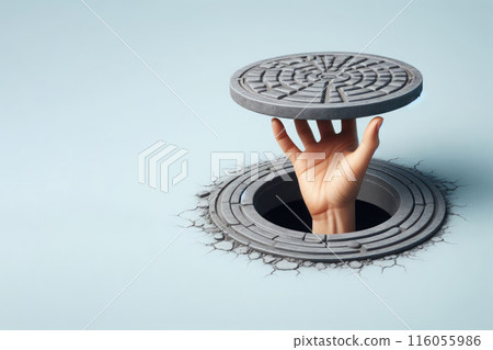A hand sticking out of the hatch. Space for text. A hand sticking out of the hatch. Space for text. 116055986