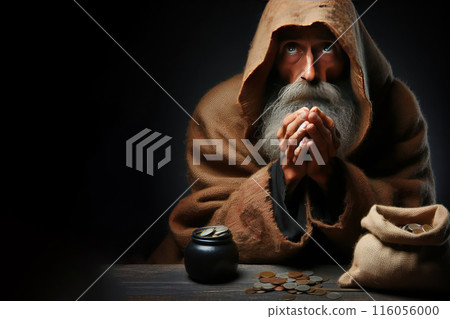 A beggar begging for help. Space for text. 116056000