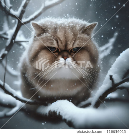 A disgruntled cat sprinkled with snow sitting on a branch close-up. A disgruntled cat sprinkled with snow sitting on a branch close-up. 116056013