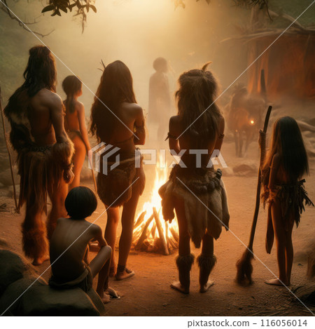 Primitive people standing around a campfire. 116056014