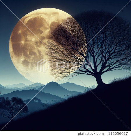 Silhouette of a tree against the background of a large full moon. Silhouette of a tree against the background of a large full moon. 116056017