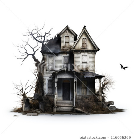 Scary house isolated on white background. Creepy haunted mansion. Old terrible abandoned building. Spooky Halloween manor Scary house isolated on white background. Creepy haunted mansion. Old terrible abandoned building. Spooky Halloween manor 116056269