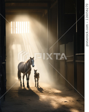 Domestic animals silhouette. Farm lifestyle concept. A working horse and a foal stand in the darkness of a barn, with sunlight streaming in through the door 116056270