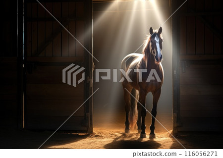 A horse stands proudly in a wooden stable, with sunlight streaming in through the door, creating a picturesque scene. 116056271