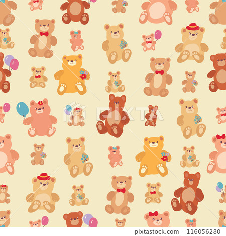 Brown and white teddy bears holding balloons in a seamless pattern Brown and white teddy bears holding balloons in a seamless pattern 116056280