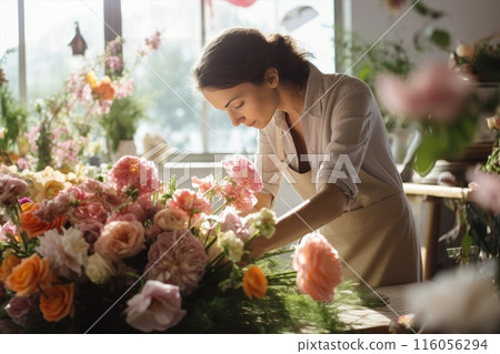Florist at work in his studio. A flower shop worker creates a bouquet. 116056294