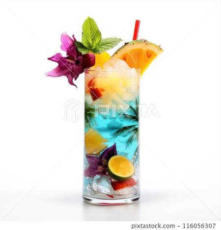 Refreshing lemonade or tropical alcoholic cocktail with lime orange and mint isolated on white background. Refreshing lemonade or tropical alcoholic cocktail with lime orange and mint isolated on white background. 116056307