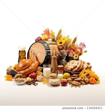 Groceries including vegetables, beer, bakery isolated on white background 116056451